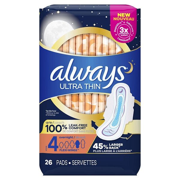 Always Ultra Thin Pads Size 4 Overnight Absorbency Unscented with Wings 26 Ct