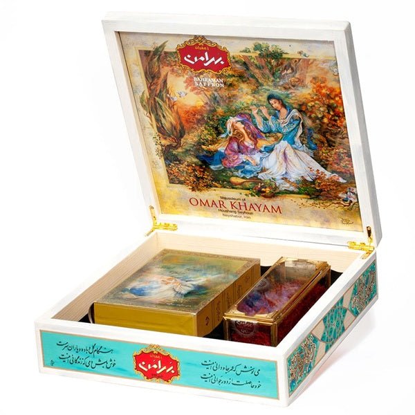 A gift pack containing a book of poetry and a box of saffron