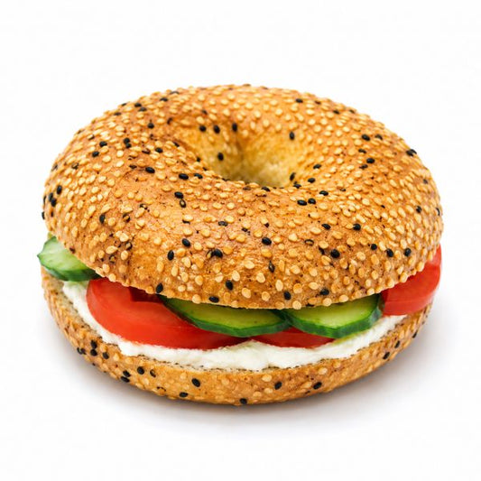 sesame bagel, smooth cream cheese, crisp cucumber