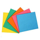 sponge wipes in green, yellow, orange, pink, and blue.
