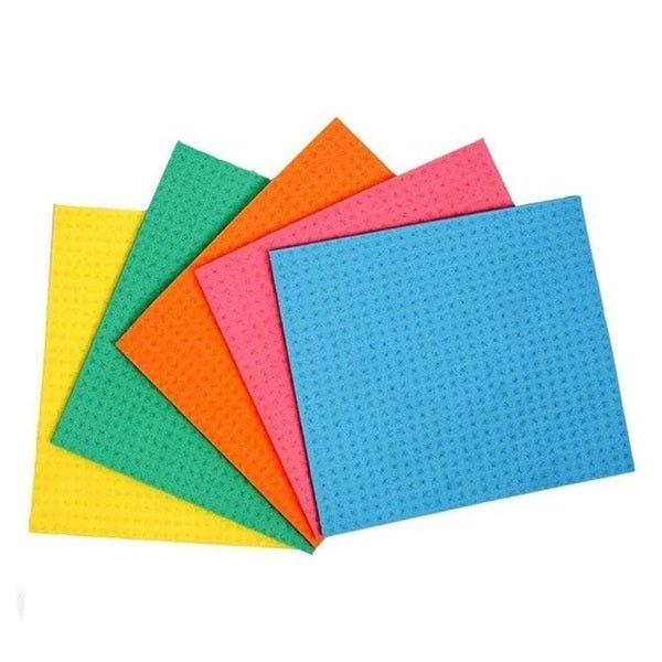 sponge wipes in green, yellow, orange, pink, and blue.
