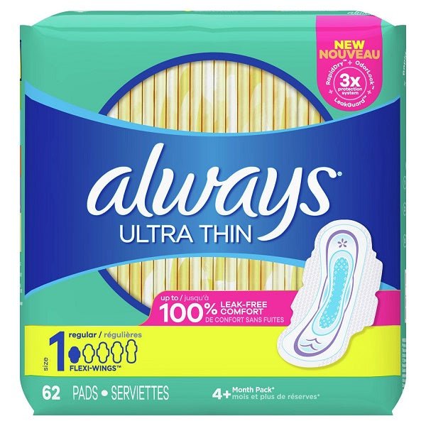 Always Ultra Thin Pads Size 1 Regular Absorbency Unscented with Wings 62 Ct