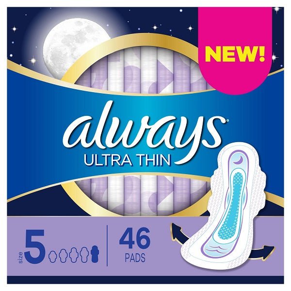 Always Ultra Thin Pads Size 5 Extra Heavy Overnight Absorbency Unscented with Wings 46 Ct