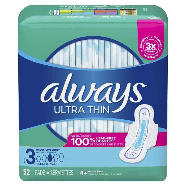 Always Ultra Thin Pads Size 3 Extra Long Super AbsorbencyUnscented with Wings 52 Ct