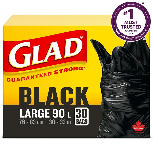 Glad® Black Garbage Bags - Large 90 Liters (30 Trash Bags)