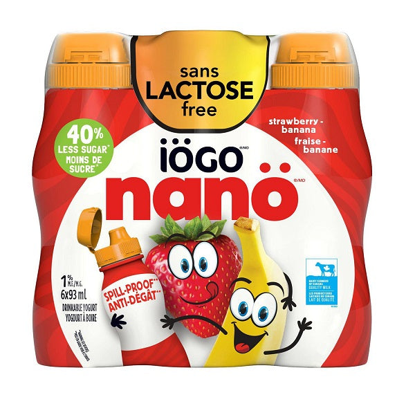iÖGO nanö 1% Lactose Free Strawberry-Banana Drinkable Yogurt 6 x 93 mL