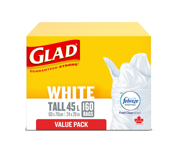 Glad® White Garbage Bags - Tall 45 Liters - Febreze Fresh Clean Scent, 160 Trash Bags