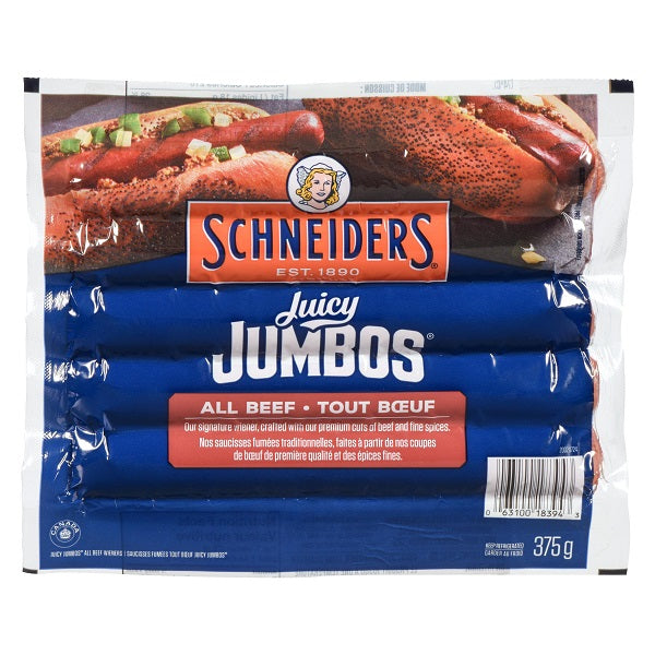 Schneiders Juicy Jumbos All Beef Hot Dogs  375 Gr