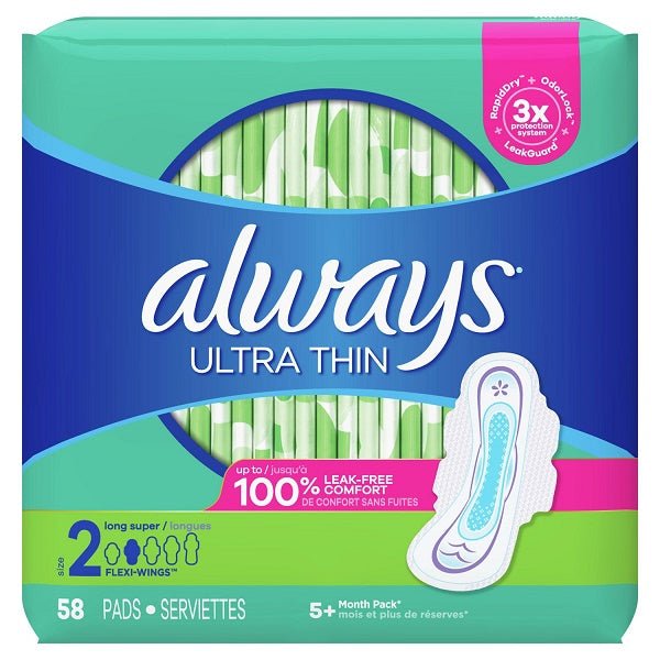 Always Ultra Thin Pads Size 2 Super Long Absorbency Unscented with Wings 58 Ct
